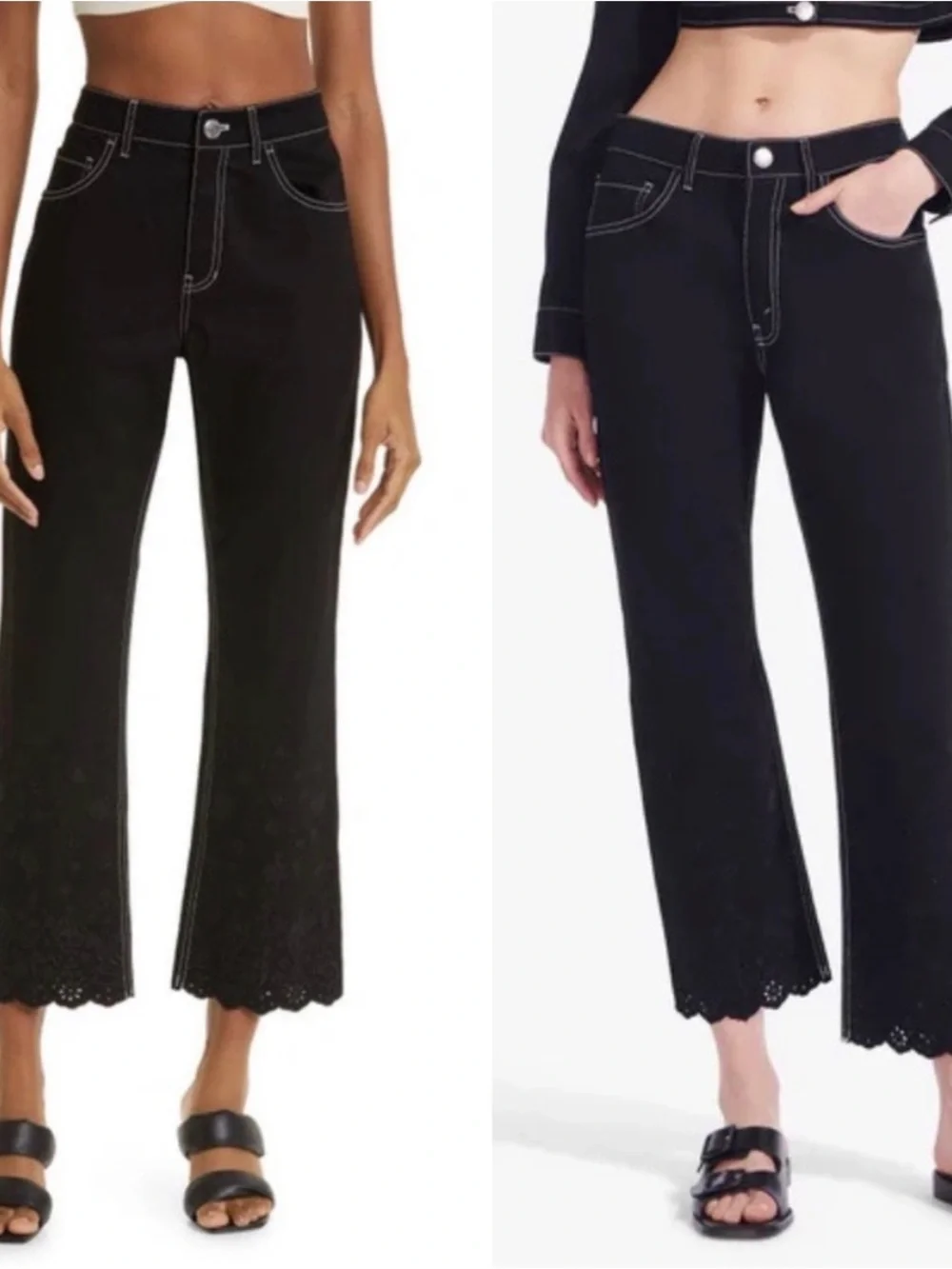 STAUD Black Cropped Jeans with Contrast White Stitching